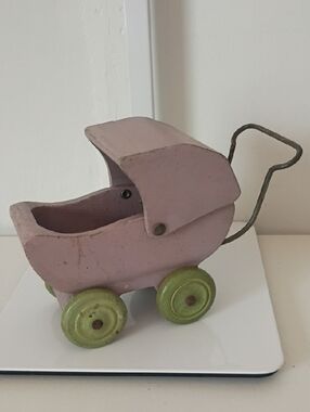 Vintage Style Wooden Baby Carriage Decor - Pink and Green